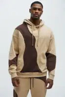 Vintage-Wash Abstract Print Hoodie(Brown,S)
