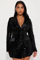 Elegant Sequin Blazer Dress with Shoulder Pads – Double Breasted, Long Sleeves – Black & Pink(Black,XS)