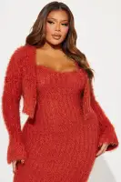 Elegant Sweater Maxi Dress Set with Bolero – Cream & Rust, Spaghetti Straps & Ruffled Hem(Rust,XS)