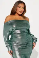 Elegant Hunter Metallic Midi Dress - One Shoulder Long Sleeves Ruched Stretch - 95% Polyester 5% Spandex(Hunter,XS)