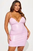 Sexy Pink Faux Leather Mini Dress with Adjustable Straps & Padded Cups – Deep V-Neck & Low Back(Pink,XS)