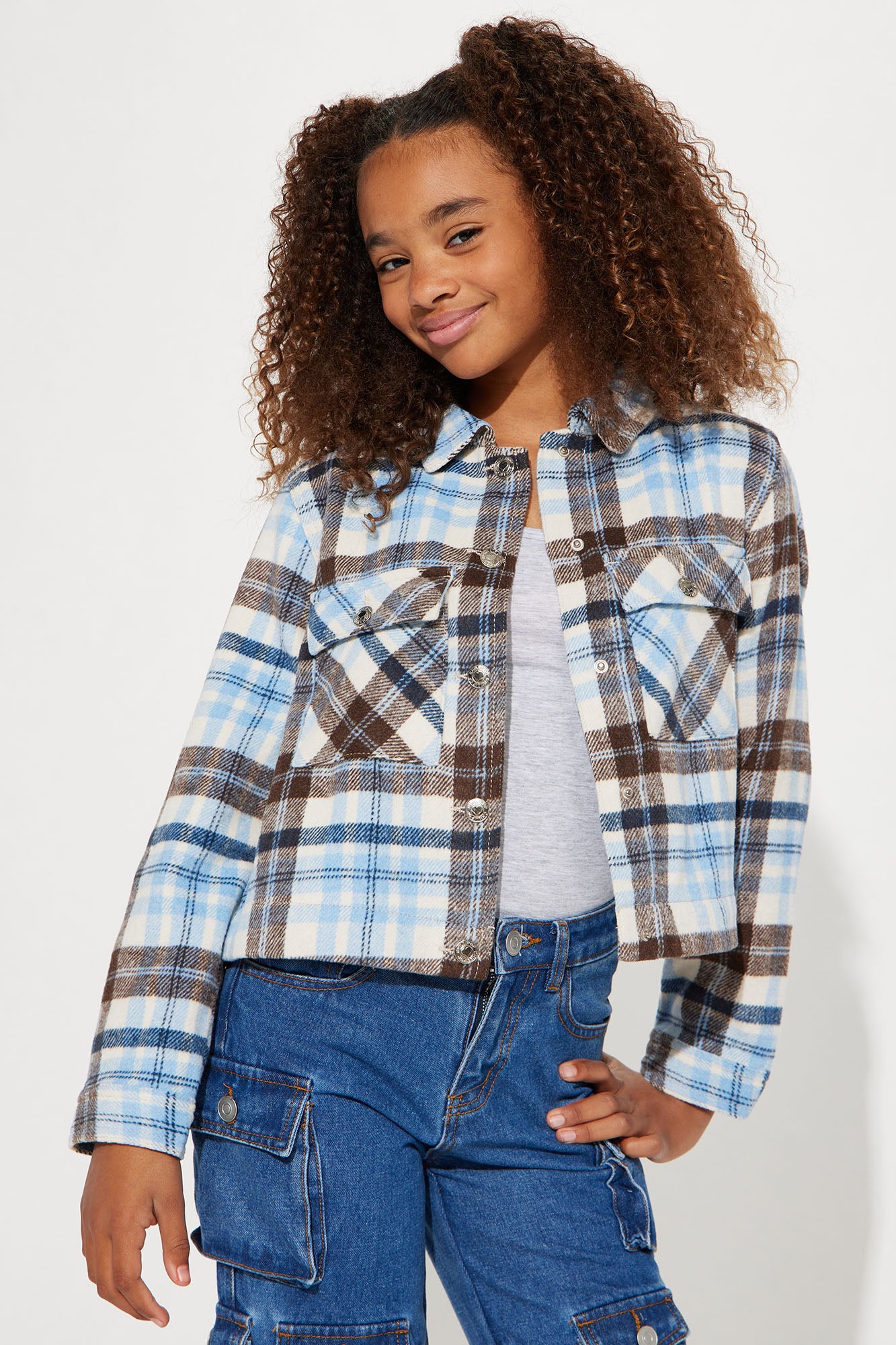 Pink And Blue Plaid Collar Exposed Button Casual Jumpsuit