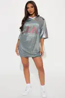 Stylish V-Neck Graphic Jersey Mini Dress with Drawstring - Charcoal/Combo, Stretchy & Lined
