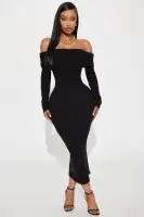 Off-Shoulder Ribbed Midi Dress with Long Sleeves – Stretchy & Elegant in Hunter, Black, or Blue
