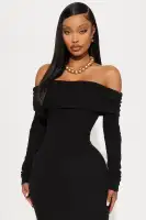 Off-Shoulder Ribbed Midi Dress with Long Sleeves – Stretchy & Elegant in Hunter, Black, or Blue(Black,XS)