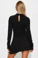 Chic Black Asymmetrical Micro Mini Dress - Mock Neck, Long Sleeves & Tiered Hem(Black,XS)