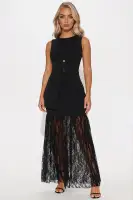 Elegant Black Maxi Dress with High Neckline & Lace Skirt – Back Cut Out Detail