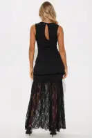 Elegant Black Maxi Dress with High Neckline & Lace Skirt – Back Cut Out Detail(Black,XS)