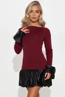 Elegant Boat Neck Bubble Mini Dress with Bell Sleeves - Black & Burgundy