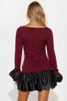 Elegant Boat Neck Bubble Mini Dress with Bell Sleeves - Black & Burgundy(Burgundy,XS)