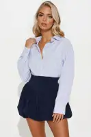 Chic Navy Pinstripe Bubble Mini Dress with Long Sleeves & Ruched Hem – Stretchy & Stylish(Navy/combo,XS)
