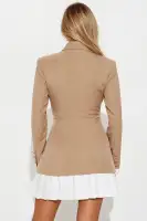 Elegant Black & Khaki Blazer Mini Dress with Pleated Detail & Side Zipper – 95% Polyester 5% Spandex(Khaki,XS)