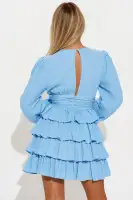 Elegant Blue & Rust Textured Ruffle Mini Dress with Deep V-Neck & Puff Sleeves(Blue,XS)