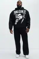 Black Drawstring Long Sleeve Screen Print Hoodie(Black,S)