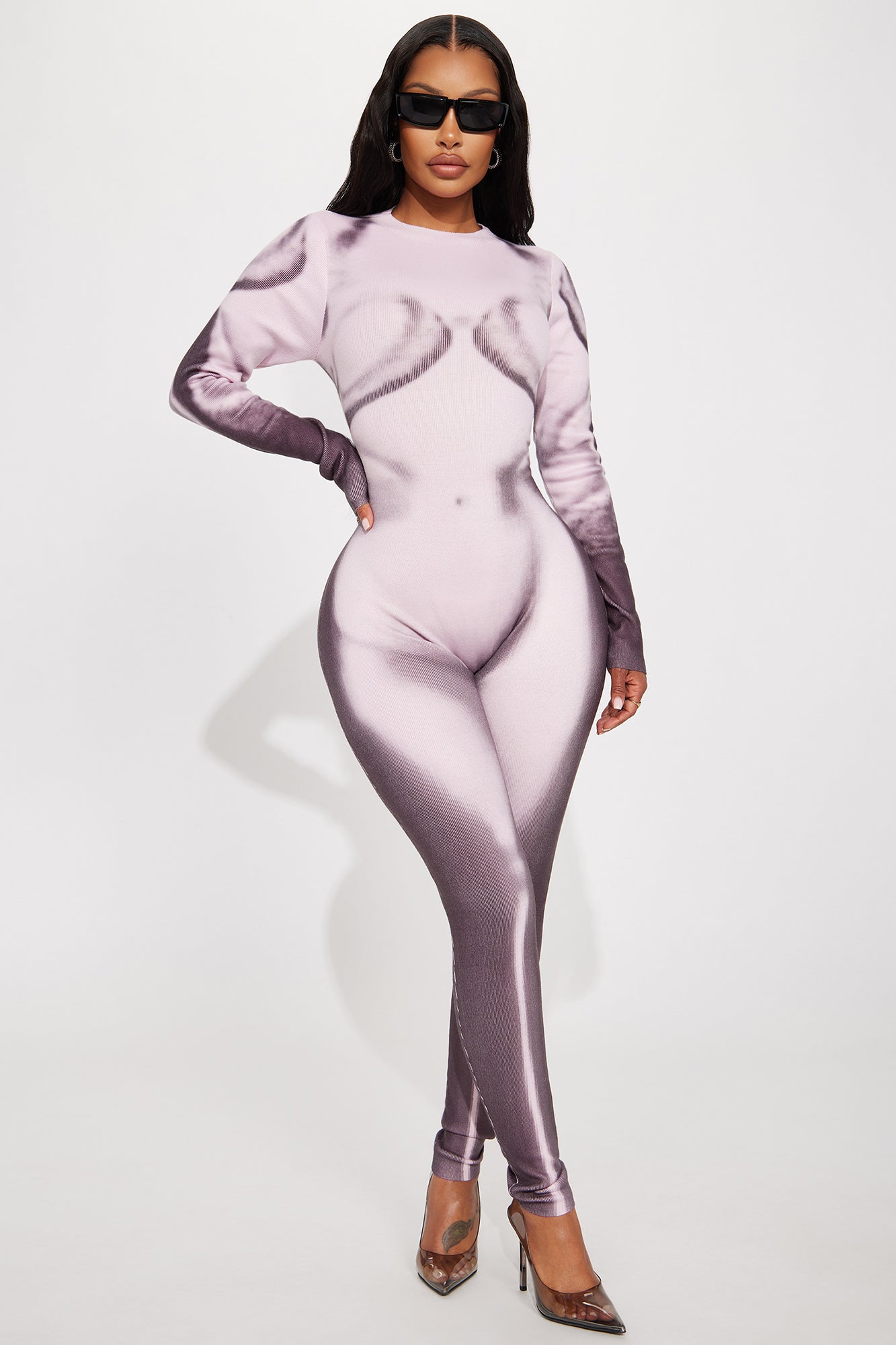 High Neck Long Sleeve Stretch Legging Sweater Jumpsuit Hidden Back Zipper