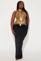 Elegant Black & Gold Maxi Dress - Halter Mock Neck with Drape Detail & Backless Design(Black/Gold,XS)