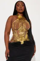 Elegant Black & Gold Maxi Dress - Halter Mock Neck with Drape Detail & Backless Design(Black/Gold,XS)