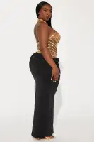 Elegant Black & Gold Maxi Dress - Halter Mock Neck with Drape Detail & Backless Design(Black/Gold,XS)