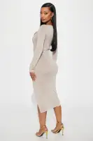 Elegant Square Neck Midi Dress with Long Sleeves & Side Slit – Black & Taupe(Taupe,XS)