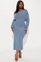 Elegant One Shoulder Midi Dress – Hunter & Denim, Stretchy Long Sleeve, 49 Length(Denim,XS)