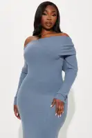 Elegant One Shoulder Midi Dress – Hunter & Denim, Stretchy Long Sleeve, 49 Length(Denim,XS)
