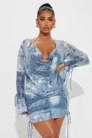Sequin Cowl Neck Mini Dress with Long Sleeves & Back Zipper – Blue or Brown, Stretchy & Lined