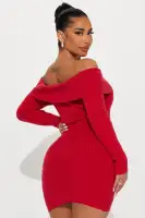 Off-Shoulder Sweater Mini Dress - Long Sleeve Stretch Fit in Off White & Red (50% Rayon/50% Polyester)(Red,XS)