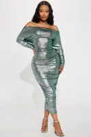Elegant Hunter Metallic Midi Dress - One Shoulder Long Sleeves Ruched Stretch - 95% Polyester 5% Spandex