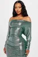 Elegant Hunter Metallic Midi Dress - One Shoulder Long Sleeves Ruched Stretch - 95% Polyester 5% Spandex(Hunter,XS)