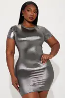 Shimmering Metallic T-Shirt Dress - Silver & Gold Stretch Mini Dress (33 Length)(Silver,XS)