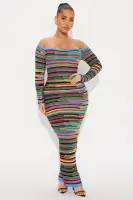 Elegant Off-Shoulder Sweater Maxi Dress - Long Sleeve Stretch Knit in Multi Colors (53% Acrylic, 47% Nylon)