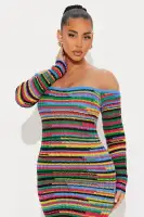 Elegant Off-Shoulder Sweater Maxi Dress - Long Sleeve Stretch Knit in Multi Colors (53% Acrylic, 47% Nylon)(Multi Color,XS)
