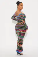 Elegant Off-Shoulder Sweater Maxi Dress - Long Sleeve Stretch Knit in Multi Colors (53% Acrylic, 47% Nylon)(Multi Color,XS)