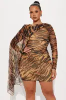 Sexy Leopard Print Mesh Mini Dress with Cape & Long Sheer Sleeves(Leopard,XS)