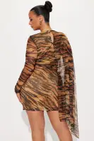 Sexy Leopard Print Mesh Mini Dress with Cape & Long Sheer Sleeves(Leopard,XS)