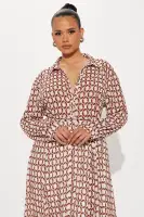 Elegant Brown Chiffon Midi Dress with Tie Waist & Long Sleeves(Brown/combo,XS)
