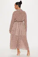 Elegant Brown Chiffon Midi Dress with Tie Waist & Long Sleeves(Brown/combo,XS)