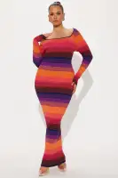 Stylish Striped Sweater Maxi Dress - Long Sleeve Scoop Neck Stretch Knit in Multi Colors(Multi Color,XS)