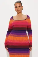 Stylish Striped Sweater Maxi Dress - Long Sleeve Scoop Neck Stretch Knit in Multi Colors(Multi Color,XS)