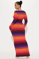 Stylish Striped Sweater Maxi Dress - Long Sleeve Scoop Neck Stretch Knit in Multi Colors(Multi Color,XS)