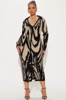 Elegant Black Collared Sweater Midi Dress with Long Sleeves & Front Slit(Black/combo,XS)