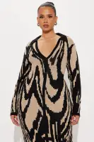Elegant Black Collared Sweater Midi Dress with Long Sleeves & Front Slit(Black/combo,XS)