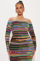 Elegant Off-Shoulder Sweater Maxi Dress - Long Sleeve Stretch Knit in Multi Colors (53% Acrylic, 47% Nylon)(Multi Color,XS)