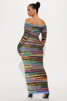 Elegant Off-Shoulder Sweater Maxi Dress - Long Sleeve Stretch Knit in Multi Colors (53% Acrylic, 47% Nylon)(Multi Color,XS)
