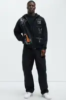 Black 60% Cotton 40% Polyester Drawstring Long Sleeve Full Zip Closure Side Hand Pockets Fragile Screen Print(Black,S)