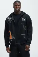 Black 60% Cotton 40% Polyester Drawstring Long Sleeve Full Zip Closure Side Hand Pockets Fragile Screen Print