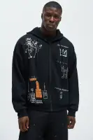 Black 60% Cotton 40% Polyester Drawstring Long Sleeve Full Zip Closure Side Hand Pockets Fragile Screen Print(Black,S)
