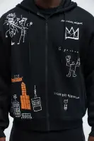 Black 60% Cotton 40% Polyester Drawstring Long Sleeve Full Zip Closure Side Hand Pockets Fragile Screen Print(Black,S)