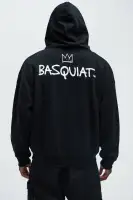 Black 60% Cotton 40% Polyester Drawstring Long Sleeve Full Zip Closure Side Hand Pockets Fragile Screen Print(Black,S)