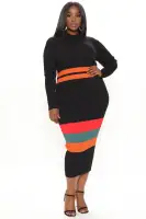 Elegant Black & Combo Striped Mock Neck Sweater Midi Dress - Long Sleeve, Heavy Rib Stretch (52% Viscose, 48% Nylon)(Black/combo,XS)